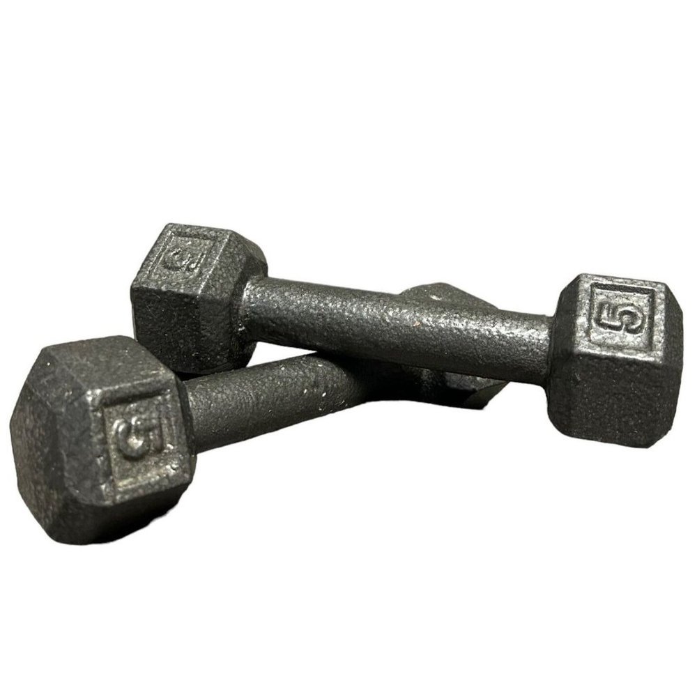 Vintage 5 lb Hex Weight Cast Iron Dumbbells Free Hand Weight Pair = 10 Pounds
